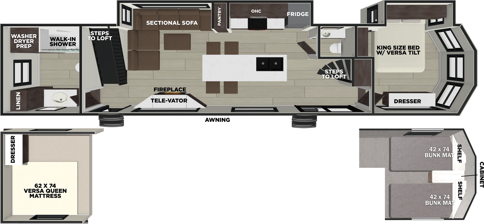 The Salem Villa 44ZEN floorplan has two entries and two slide outs. Exterior features include: fiberglass exterior and 15' & 12' awning. Interiors features include: loft, kitchen island, front bedroom, rear bathroom and bathroom and a half.